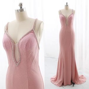 Strap Deep V Diamond Decorated Slit Backless Mermaid Dress